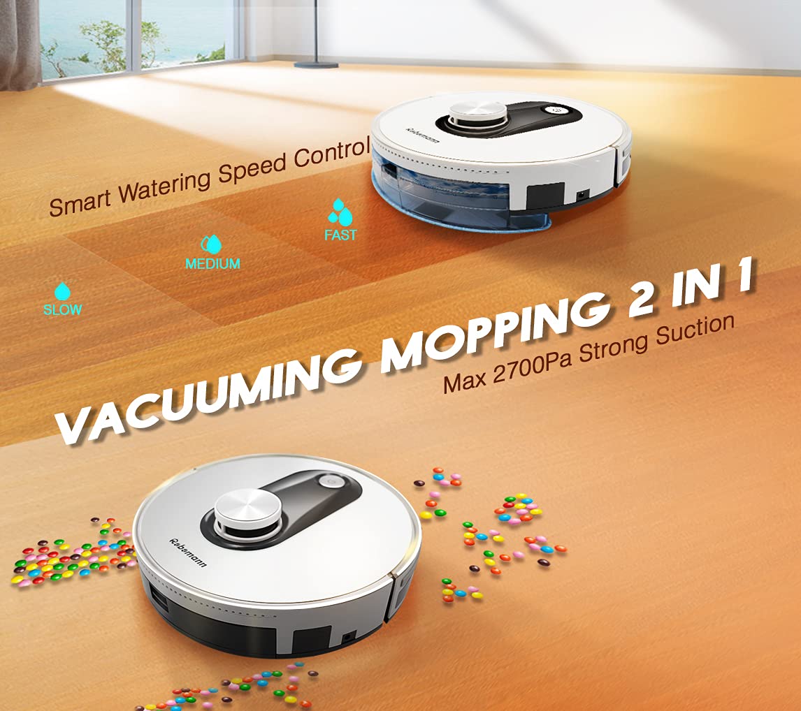Robomann 361 Robot Vacuum Cleaner Laser Navigation Smart - Wi-Fi Connected, 2200Pa, Selective Room Cleaning, No-Go Zones, Self Charge and Resume, Can Clean Low-Pile Carpets, Compatible with Alexa