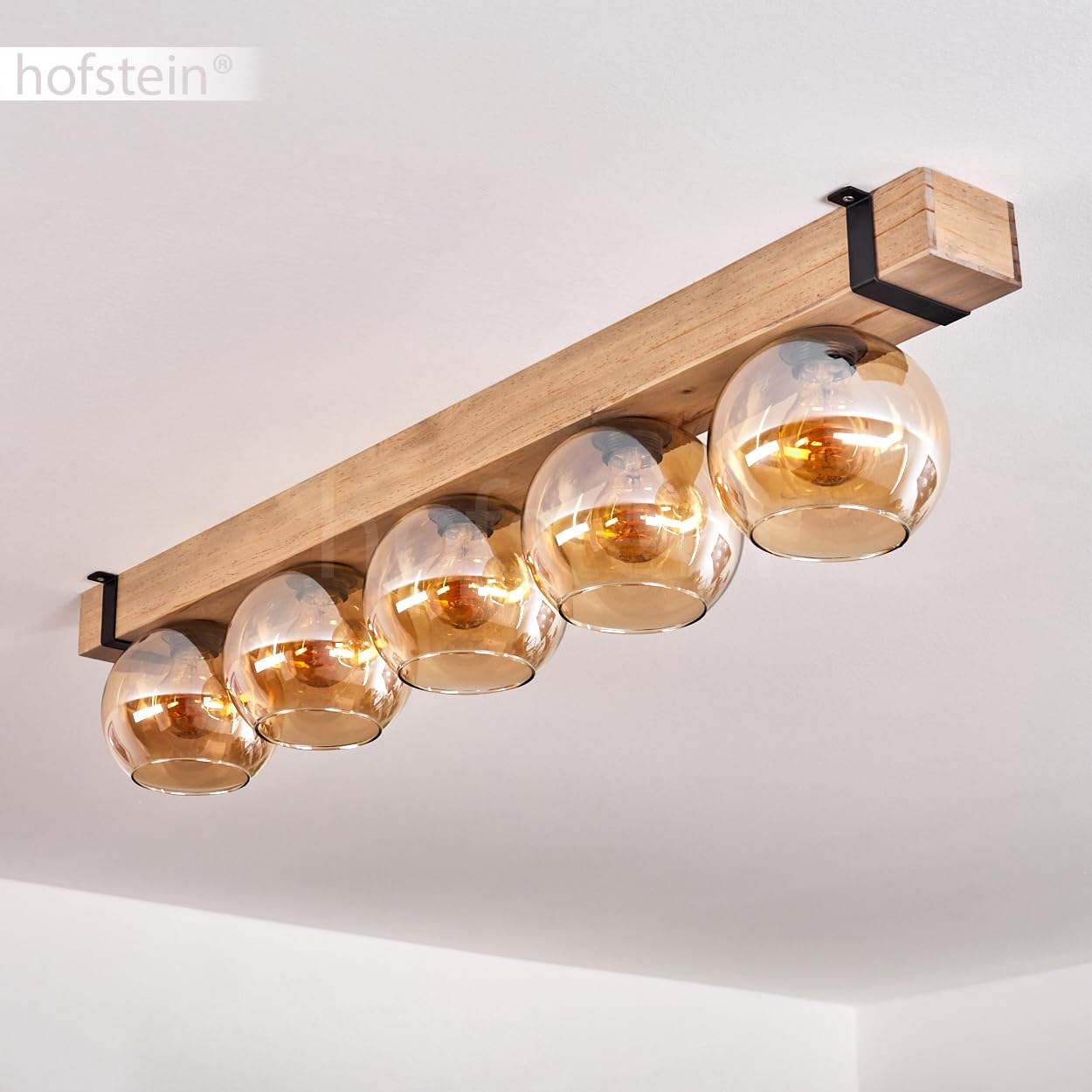 Lampa sufitowa Montgomery, lampa sufitowa z metalu/drewna/szkła w kolorze czarnym/naturalnym/bursztynowym, skandynawski design z drewnianymi belkami (100 cm) i szklanymi kulkami (Ø 15 cm), 5 x oprawka