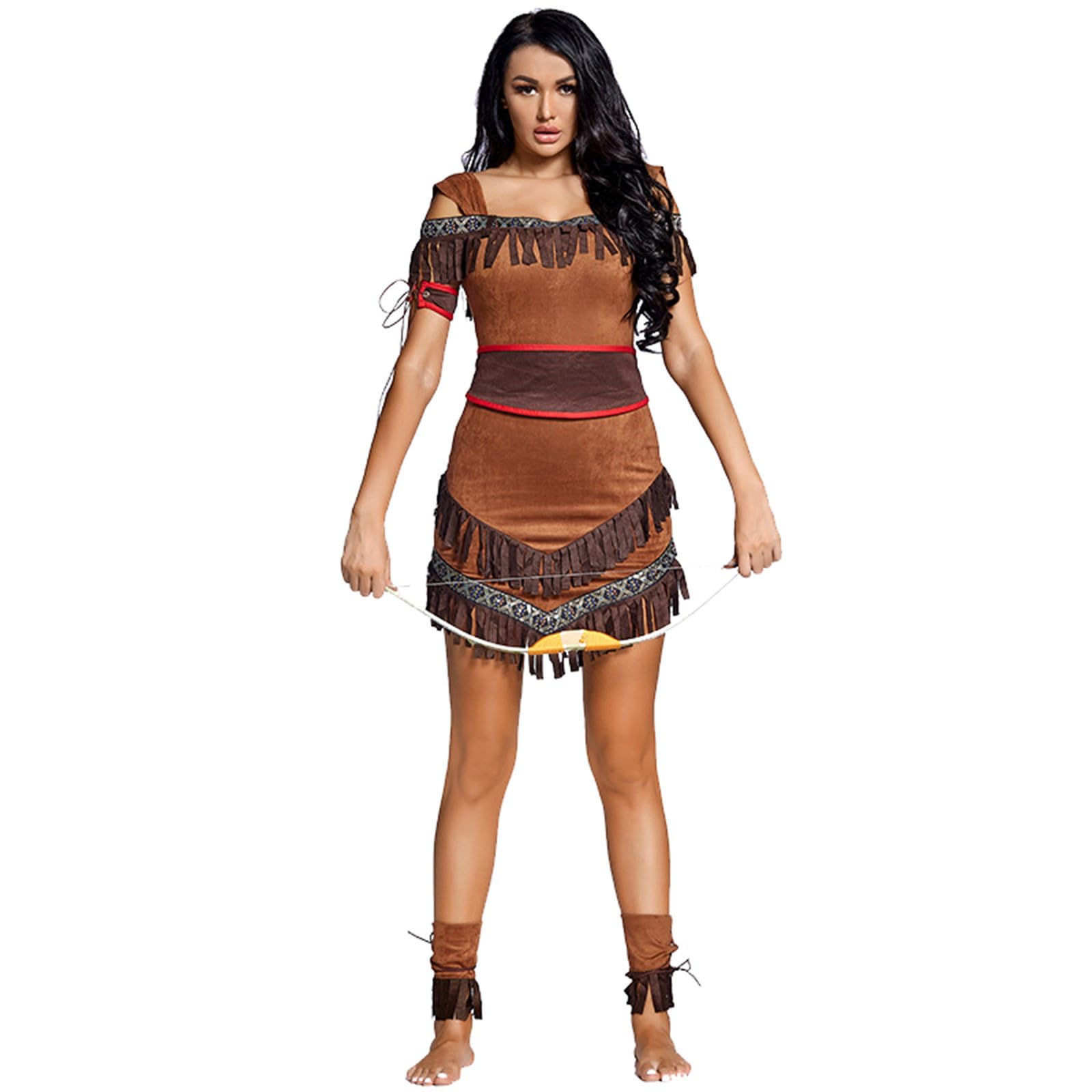 Indianer Kostüm Damen Fasching Wickel Fransenkleid in Wildleder-Optik für Cowgirl Hippie Indianerin 60er 70er Jahre Outfit Faschingskostüm Indianer Karneval Kostüm