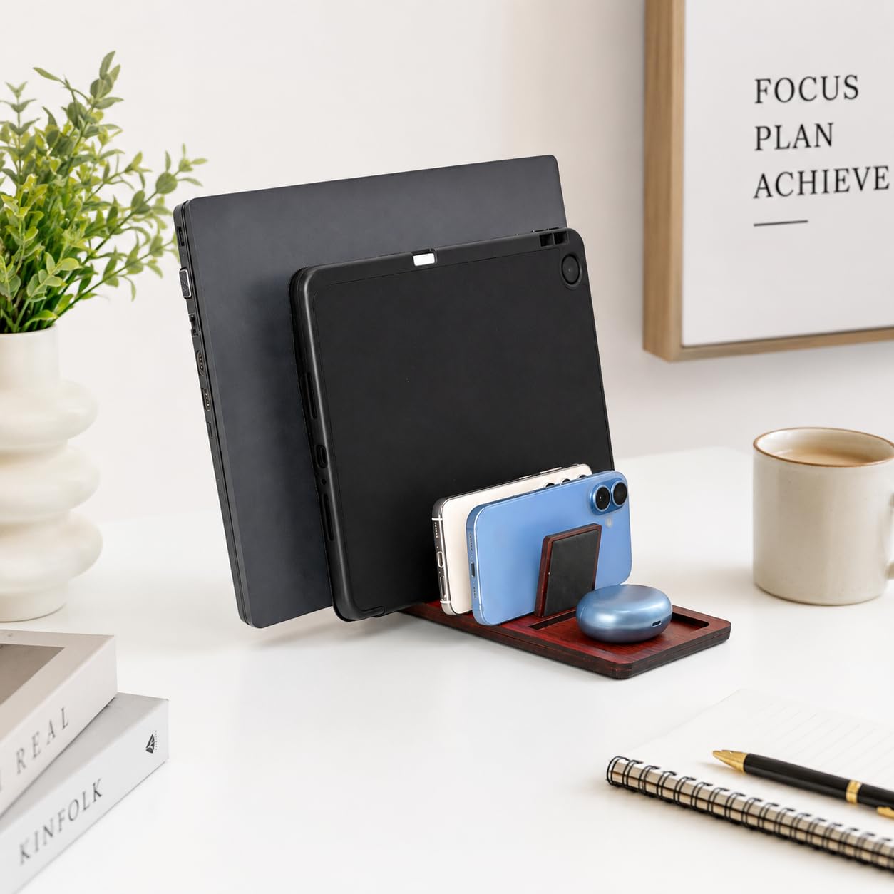 Gift Kya De Laptop Stand, Tablet Stand, Mobile, and Power Bank, All in One Multi Device Charging Station and Organizer, Wooden Vertical Laptop Stand Holder - Dark Wood-image-41