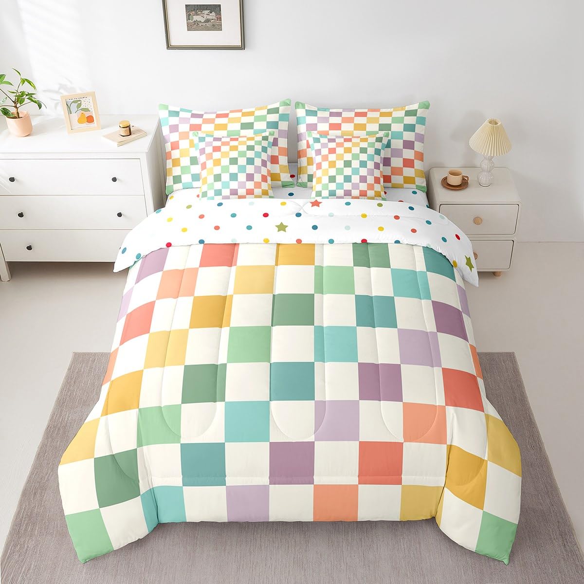 Feelyou Multicolored Checkered Retro 7 Piece Bedding Set Kids Boys Geometric Vintage Comforter Set with Sheets King Size Green Yellow Colorful Bed in a Bag Modern Simple Groovy Aesthetic Room Decor: Green Yellow Colorful Full