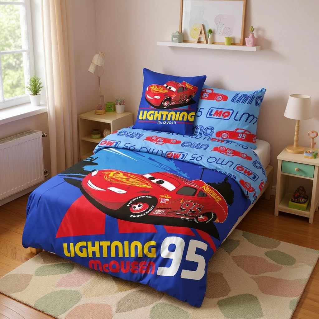 Juego de funda nórdica Cars Disney de algodón, 1 funda nórdica de 140 x 200 cm y 1 funda de almohada de 63 x 63 cm