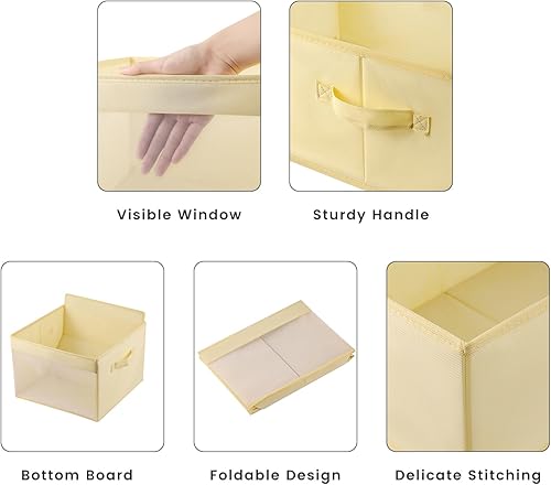 Miniatura 5 de Paquete de 4 contenedores de almacenamiento de armario con ventana transparente, contenedores plegables de almacenamiento de lino con asa, cesta de