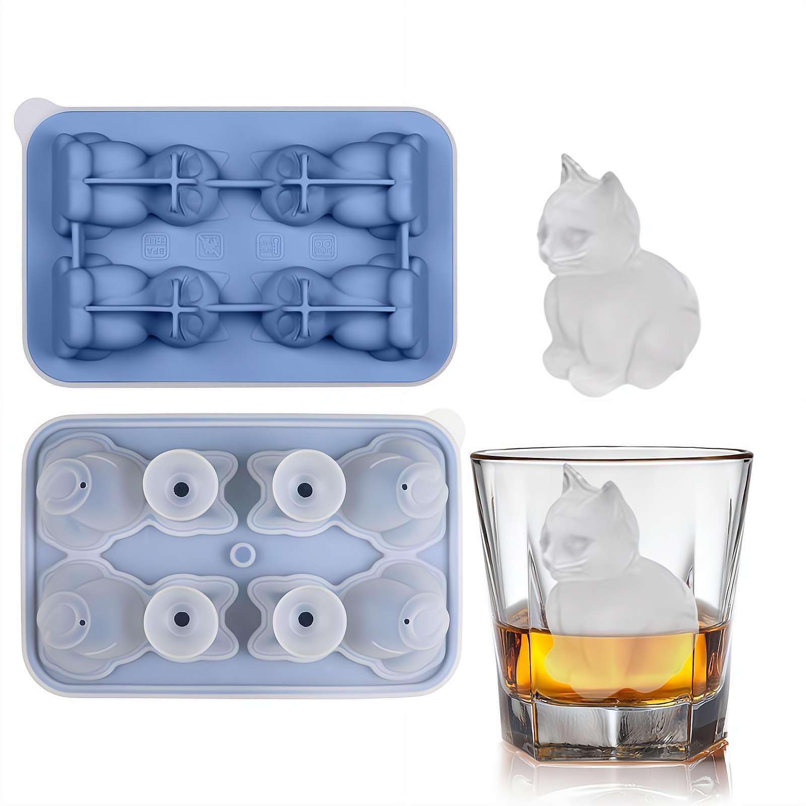 6-Cavity 3D Animal Silicone Ice Cube Mold – Food-Grade Silicone with Integrated Funnel Lid, Leak-Proof Design for Penguins, Sheep, Cat Paw, French Bulldog & Labrador, BPA-Free