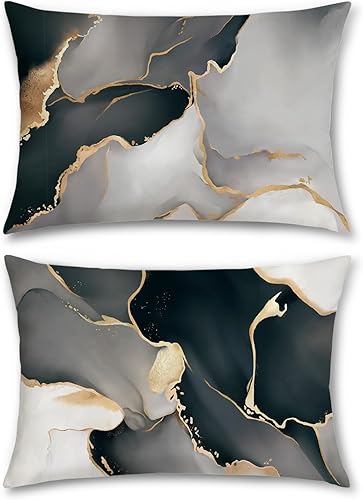 Miniatura 9 de Bonhause Juego de 4 fundas de almohada decorativas modernas con textura de mármol negro dorado y gris de 18 x 18 pulgadas, para sofá, cama,