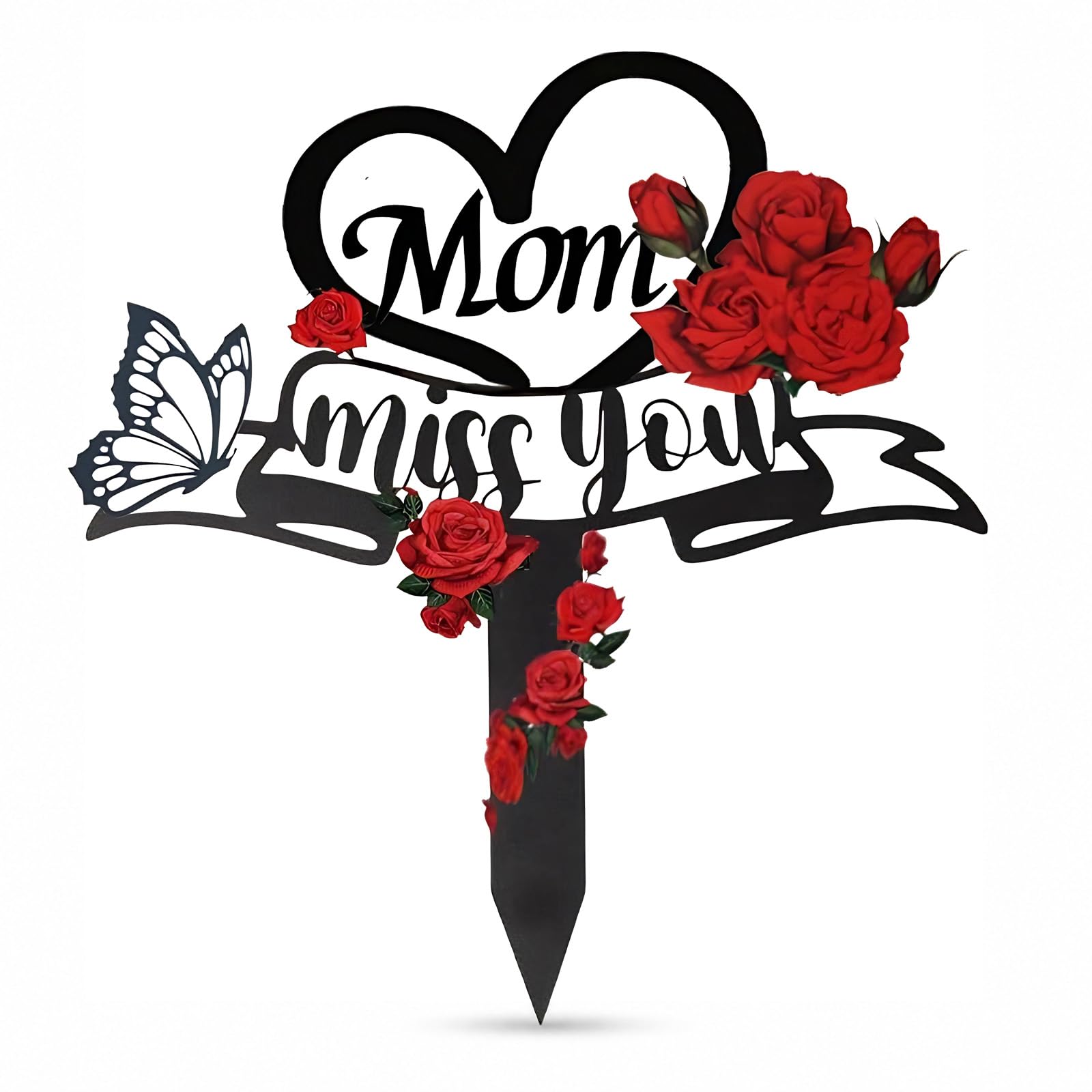 Mother Grave Ornaments Memorial Stake Gifts Waterproof Metal Sympathy Marker Rose Decorations Plaque for Cemetery Black Heart Shaped Butterfly Remembrance Signs for Garden Outdoors Lawn Yard Decor