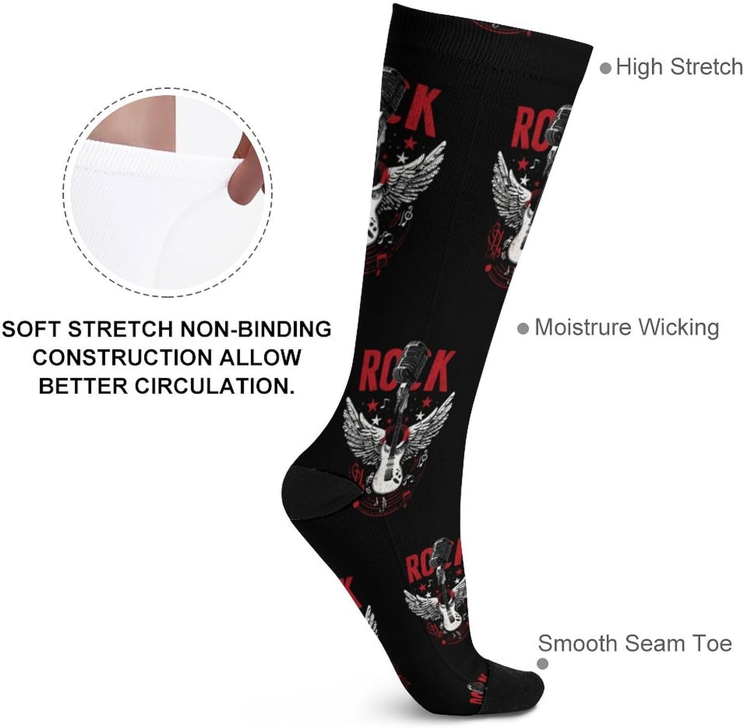 Rocks-Music Guitar Knee High Socks Athletic Long Stockings Sport Casual Crew Tube Sock Boot 46cm
