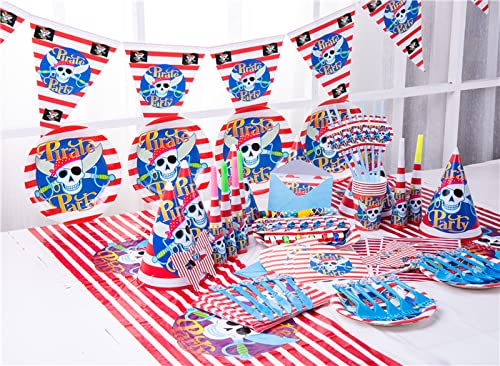 BrainGiggles Pirate Theme Party Supplies Set for 6 Kids – 90-Piece Birthday Disposable Tableware Pack with Plates, Cups, Napkins, Cutlery, Tablecloth & More- Birthday Party Decoration for Kids.