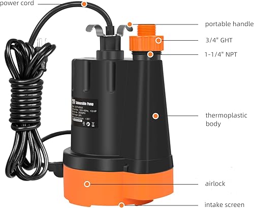 Miniatura 2 de Submersible Water Pump 13HP 2500GPH Utility Pump Portable Electric Clean Water Drainage Pump for Pool Draining Flooding Swimming Pool and Basement