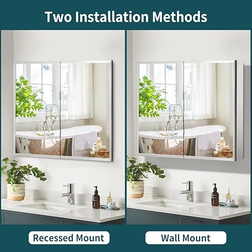 Miniatura 6 de Movo Botiquín de doble puerta con espejo, 30 x 26 pulgadas, botiquín de aluminio para baño, estantes de vidrio ajustables, impermeable y resistente