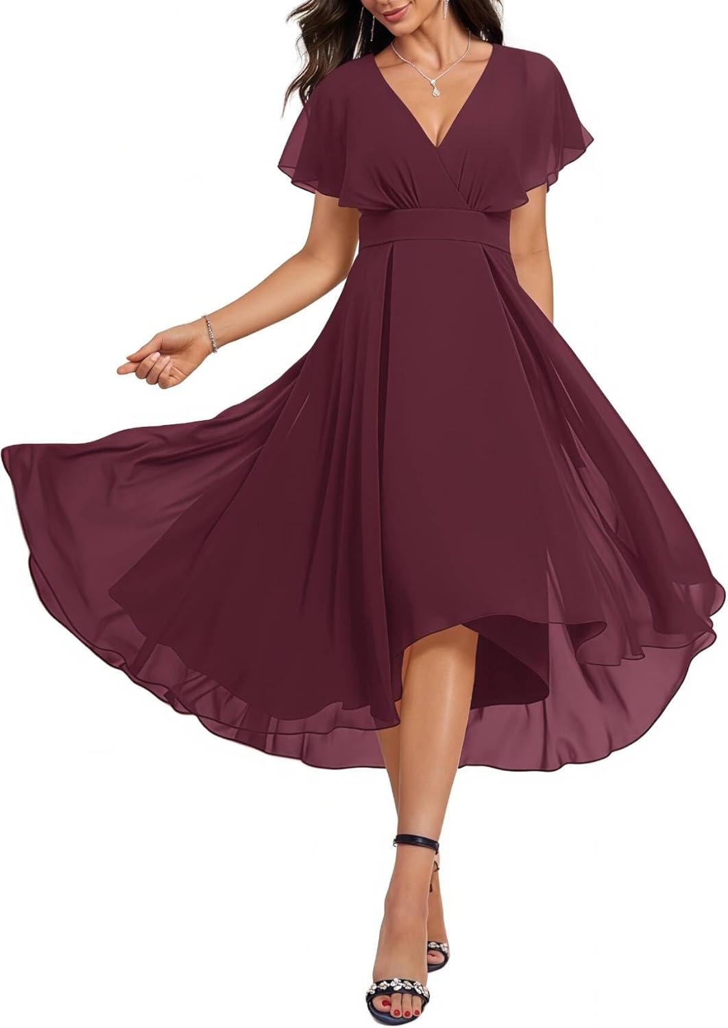 Women's Wrap V Neck Flutter Sleeve Chiffon Cocktail Wedding Guest Dress Layered Ruffle Flowy Midi Party Dress