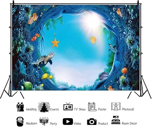 Miniatura 4 de Renaiss Fondo de poliéster bajo el mar de 10 x 7 pies, peces tropicales, tortugas marinas, luz del sol, océano, animales, acuario, fotografía, fondo