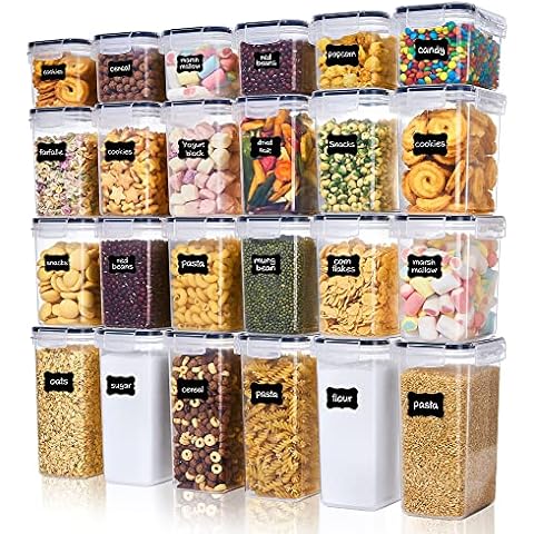 Vtopmart Vorratsdosen Set, Müsli Schüttdose & Frischhaltedosen, Kunststoff Vorratsdosen luftdicht, Satz mit 24, 24 Etiketten für Getreide, Mehl, Zucker usw Cover