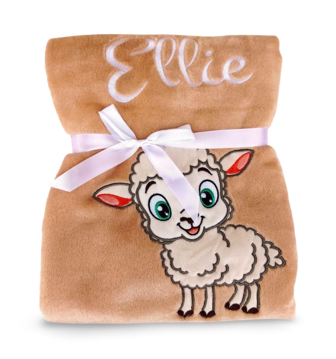 Wuff-Dogsworld Personalisierte Babydecke mit Namen und Geburtsdatum Bestickt, weiche Kuscheldecke mit Stickerei, viele Motive & Farben, Geschenk zur Geburt für Mädchen & Jungen (Sand Lamm)