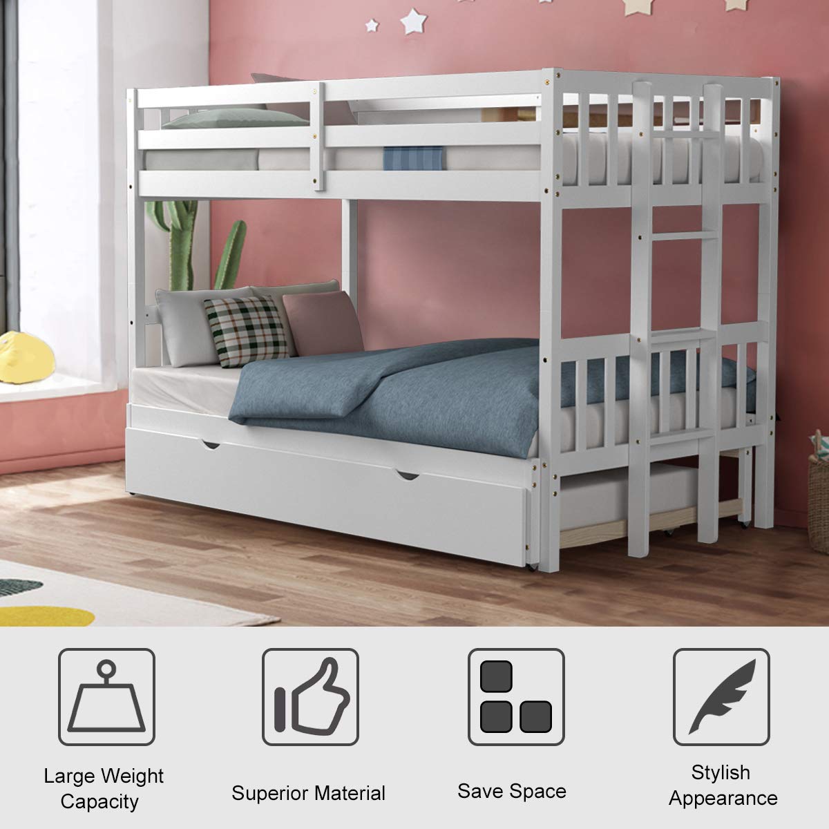 Giantex Twin Over PullOut Bunk Bed with Trundle, Solid Wood Bunk Bed
