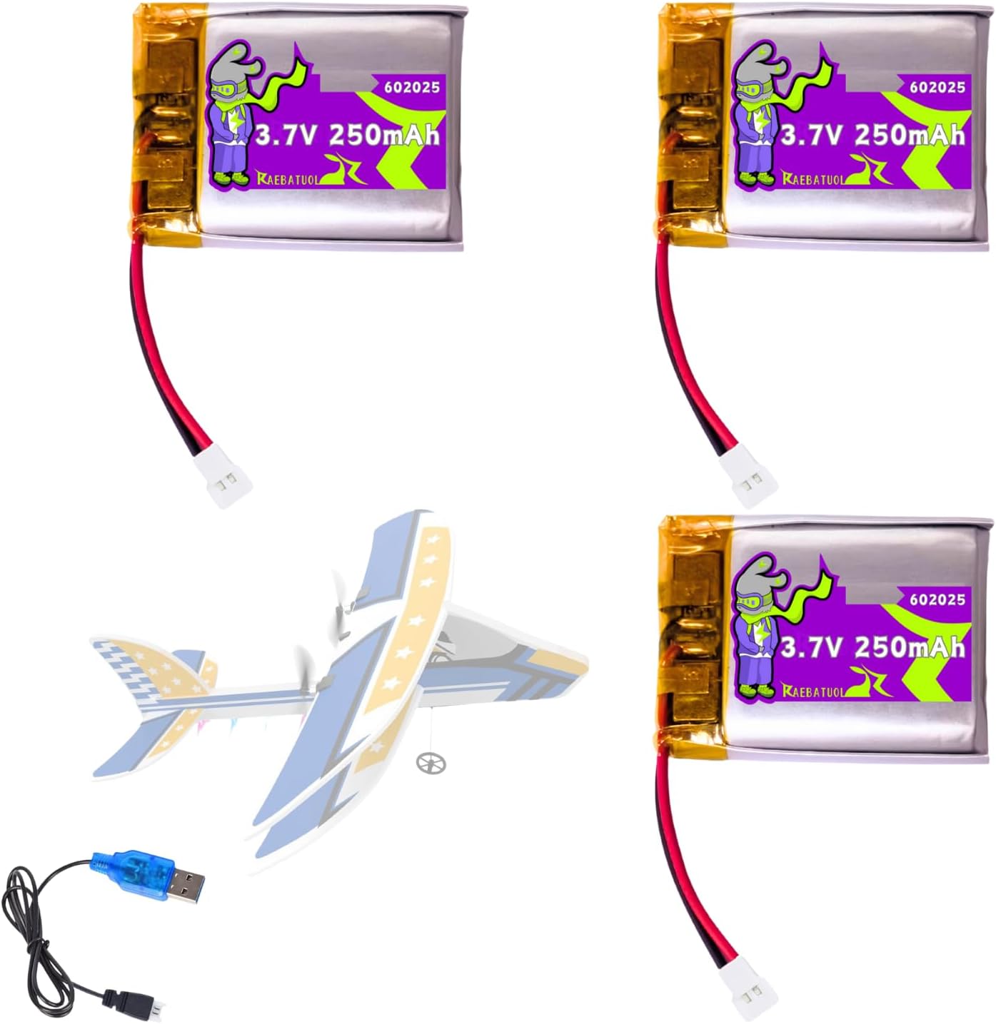 3.7V 250mAh XH2.54/Molex Connector Batteries for DEERC RC Plane SNQ-022, 2.4GHZ Remote Control Airplane 6-axis Gyro Stabilizer, 2CH RTF RC Glider Toy with USB Charger