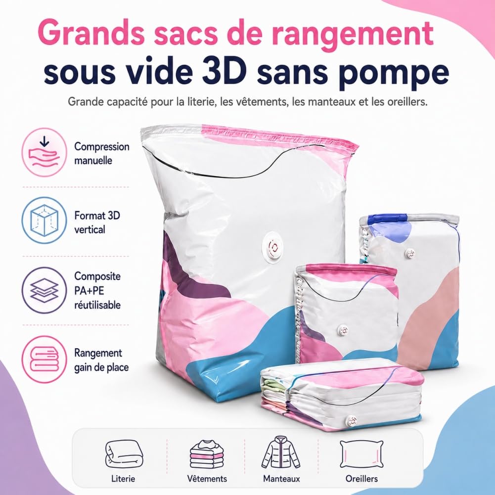 Large No-Pump 3D Vacuum Storage Bags, Sacchetti Salvaspazio Sottovuoto 3D Senza Pompa, No Pump Compression Storage Bag, Reusable Vacuum Pack Bags for Clothes Duvets，A+B 6PCS
