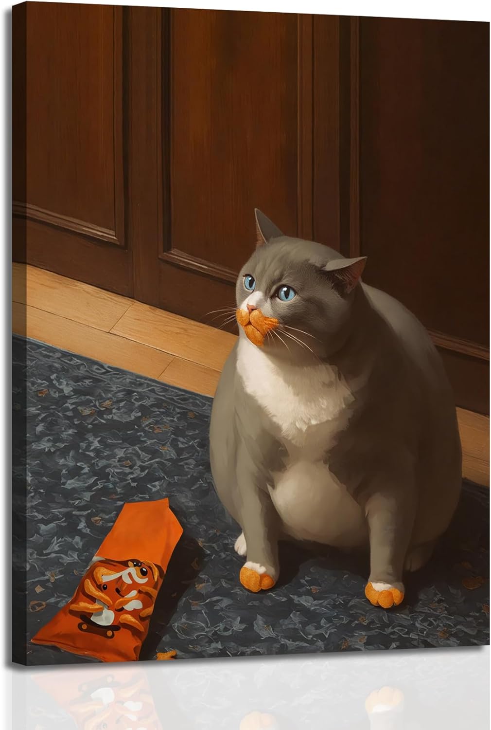 Funny Fat Cat Wall Art Cute Gluttony Animal Wall Decor Whimsical Gray Cat Eating Canvas Painting Poster Prints Aesthetics for Dining Room Kitchen Living Room Framed 16x24 inch 24"L x 16"W gray