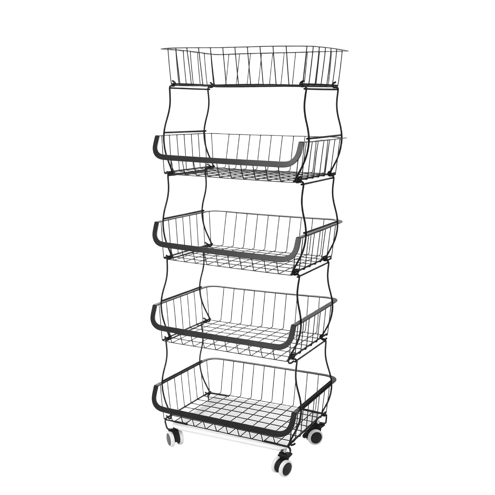 Cesta de frutas y verduras de acero al carbono de 5 niveles, color negro, con 4 ruedas silenciosas (2 con freno), diseño de rejilla ventilada y bandeja colectora de agua, ahorra espacio para cocina
