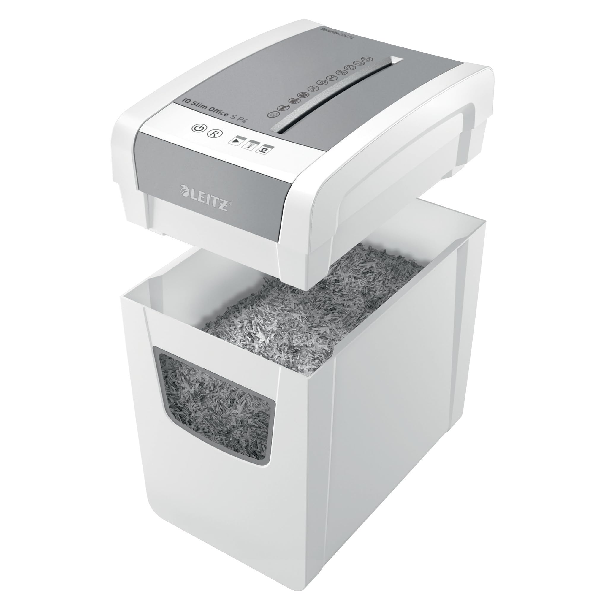 Leitz IQ Office S 80980000 - Destructora de papel (14-12 hojas, capacidad de 70-80 g/m²), certificación TÜV+GS, corte en partículas, nivel de seguridad P4, especialmente silenciosa, recipiente de 23 L