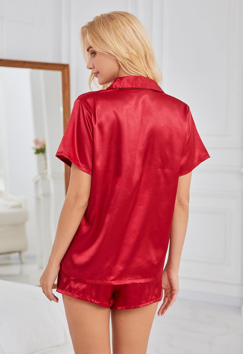 Satin Pajamas for Women Solid Color, Silky PJs Set with Notch Neck & Adjustable Drawstring Shorts - Image 2