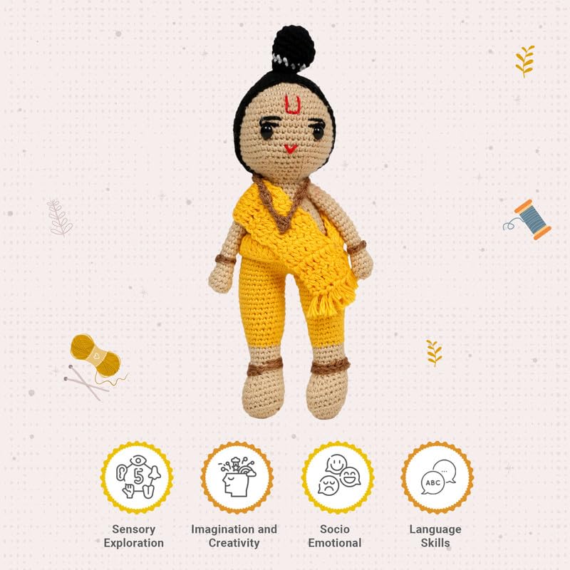 Image of LITTLE GINNIE Lord Ram Crochet Soft Doll for Babies -Yellow| Handmade Crochet Soft Toy for Kids Girls | Ideal for Birthday & Return Gift for 6+ Months