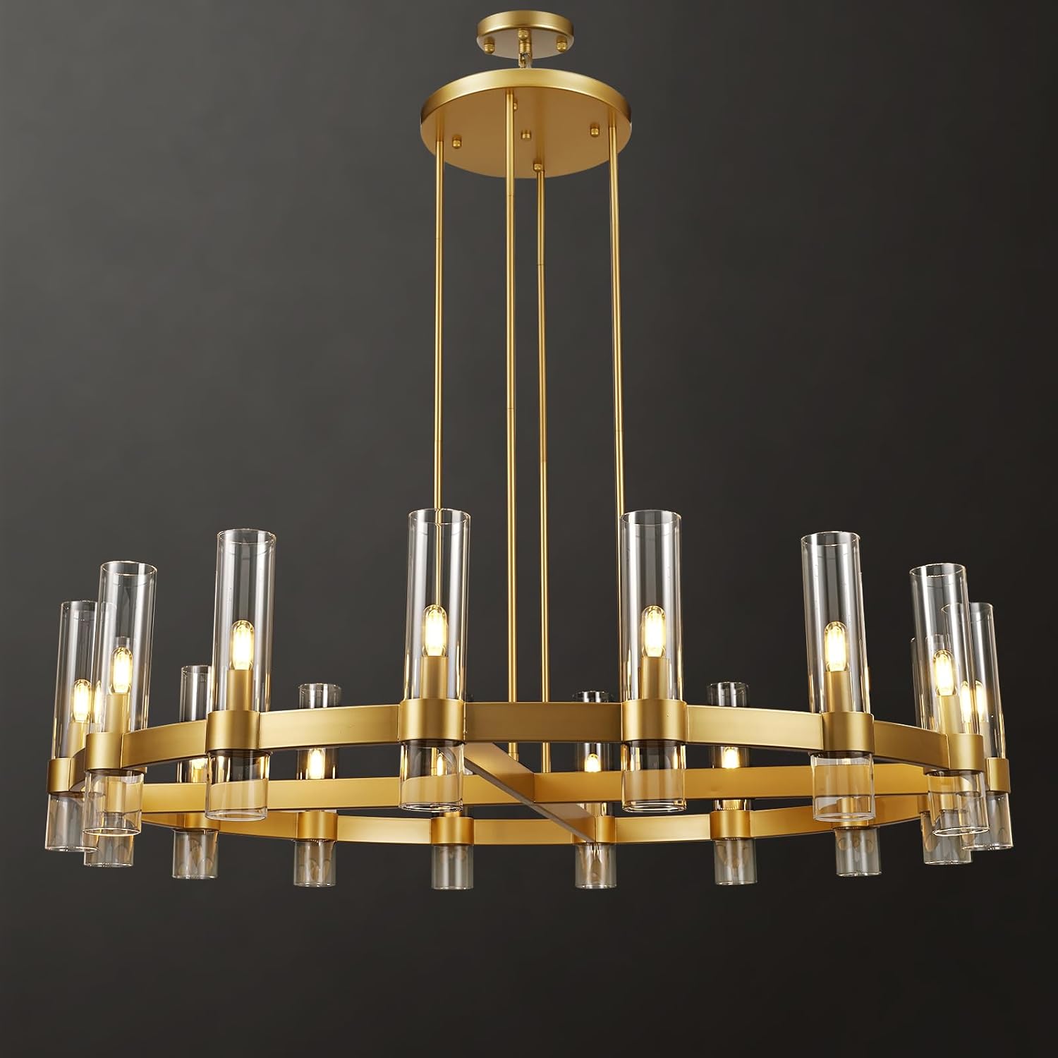 Modern 48" Gold Round Chandelier Fixture,16-Light Chandeliers for Dining Room,Farmhouse Wagon Wheel Chandelier, Glass Tube Living Room Chandelier, Chandelier for Bedroom, Includes Bulbs Gold-Round-D48 in
