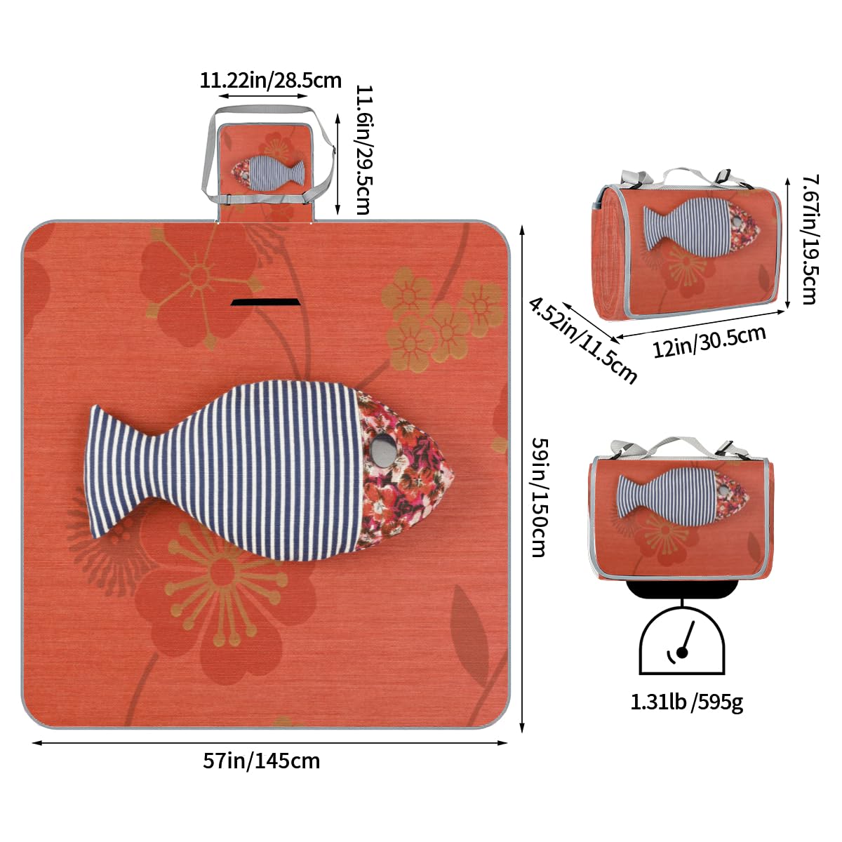 Shimoshe Picnic Blankets 57”x 59”, Tribe Flower Stripe Fish Waterproof Sandproof Picnic Mat Lightweight Foldable Beach Blanket for Camping Park Grass Beach Outdoor Blanket