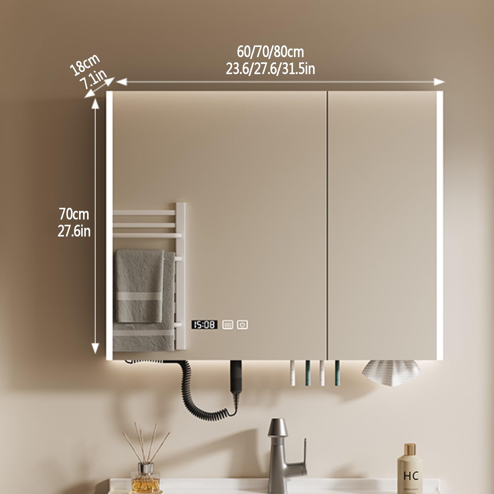 Multifuncional Armario con Espejo for Cuarto de Baño,Armario de Pared Rectangular Antivaho,Gabinete De Espejo De Tocador De Baño Montado En La Pared con visualización de la hora,agujero de papel,estan
