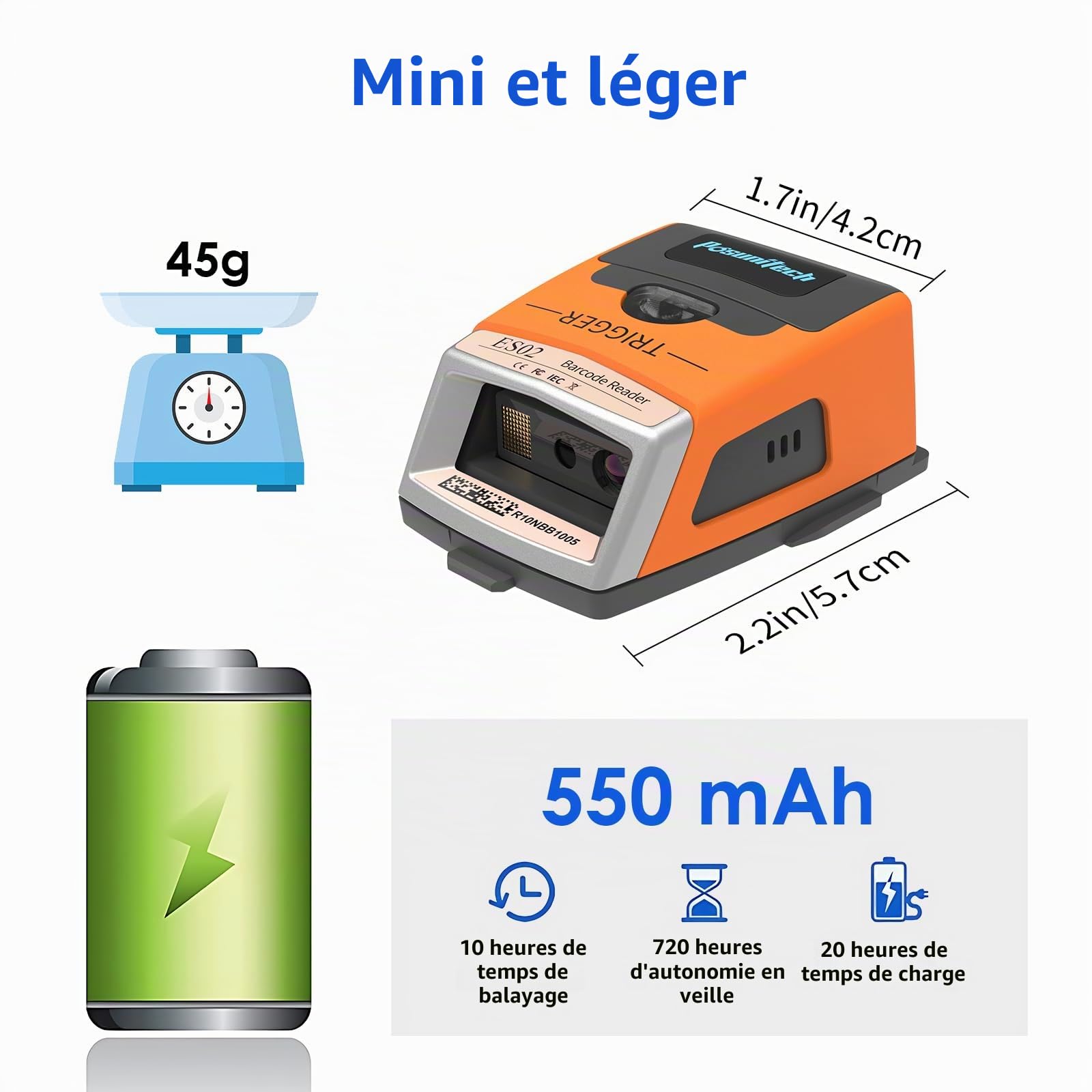 ES02 Scanner de codes-barres gants, sans fil Bluetooth 2D Scanner portable, indice de protection IP65, adapté pour l'entrepôt, la fabrication, le transport, le prélèvement et d'autres