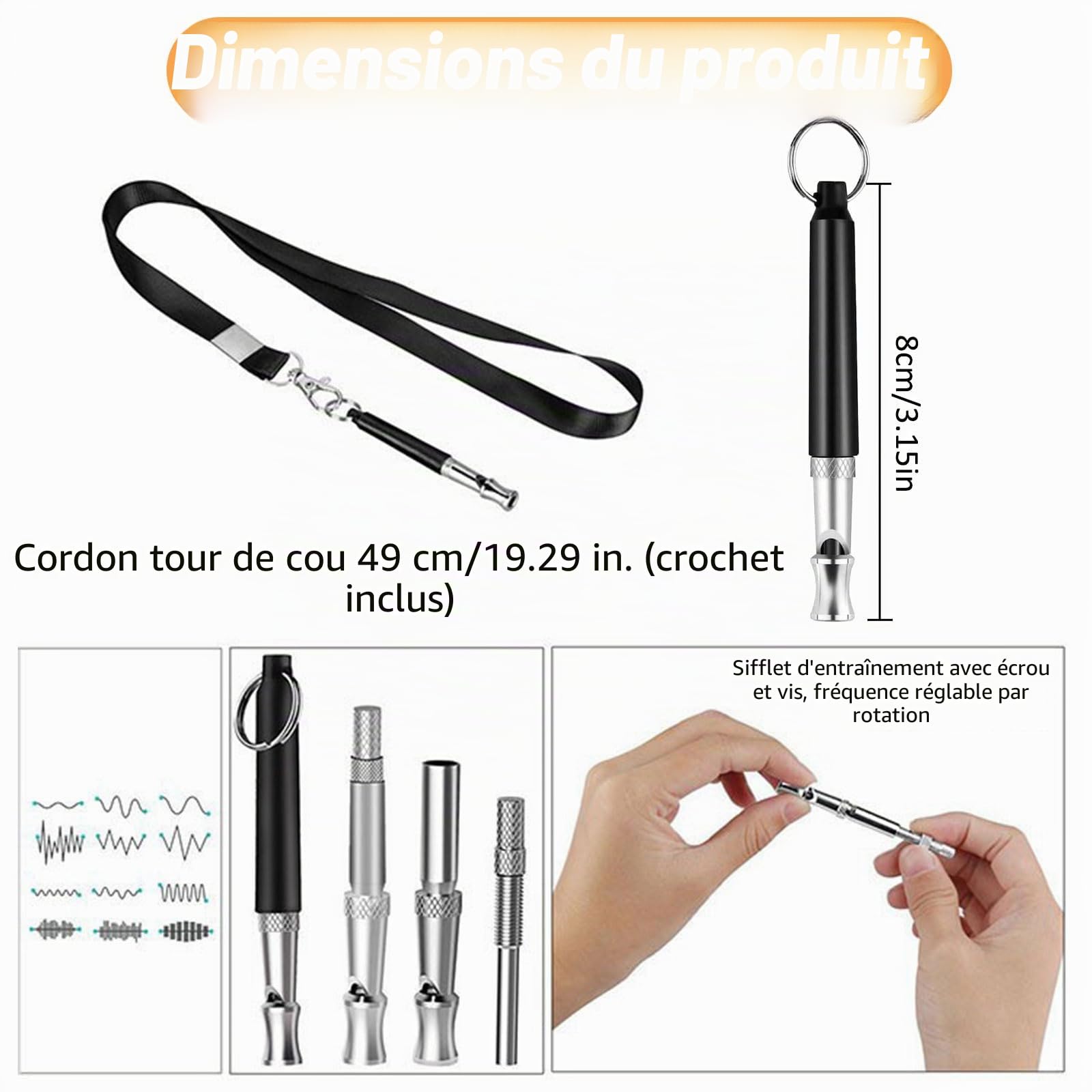 Sifflet pour chien à haute fréquence silencieux - Accessoire anti-aboiement ultrasonique avec cordon - Sifflet réglable pour toutes les races - Noir