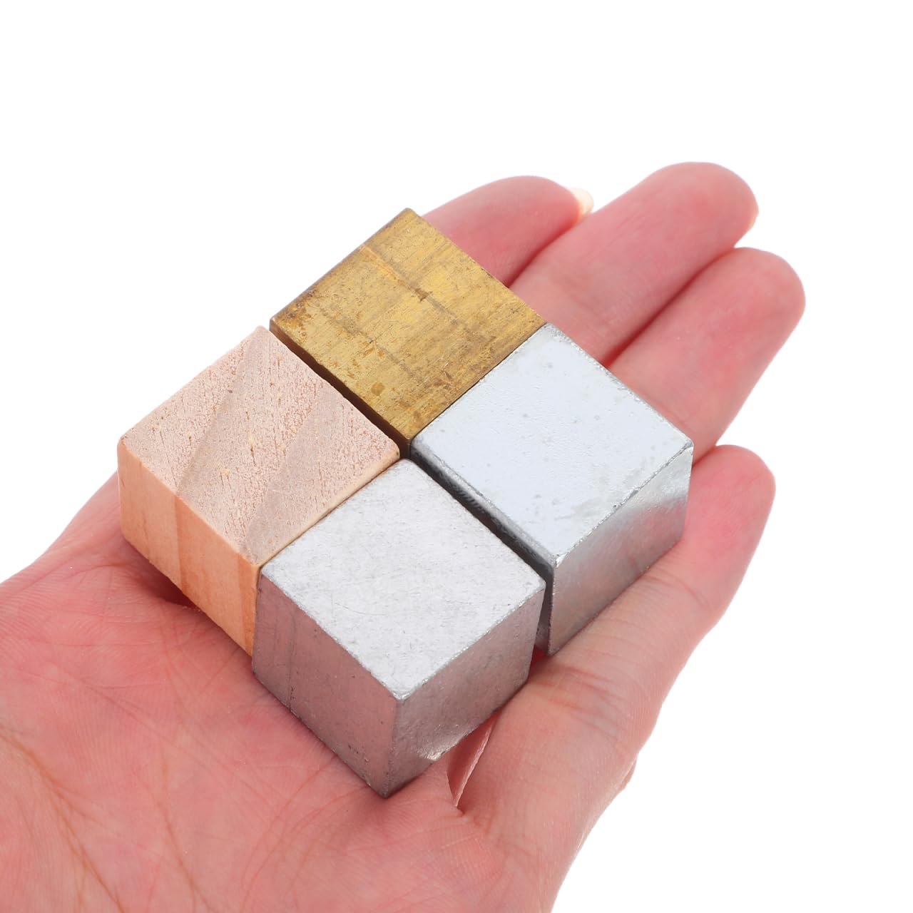 OUNONA Lot de 7 cubes de densité métallique de précision, composés de blocs d'aluminium et de fer et cylindres en cuivre, pour expériences scientifiques, projets physiques, démonstrations pédagogiques