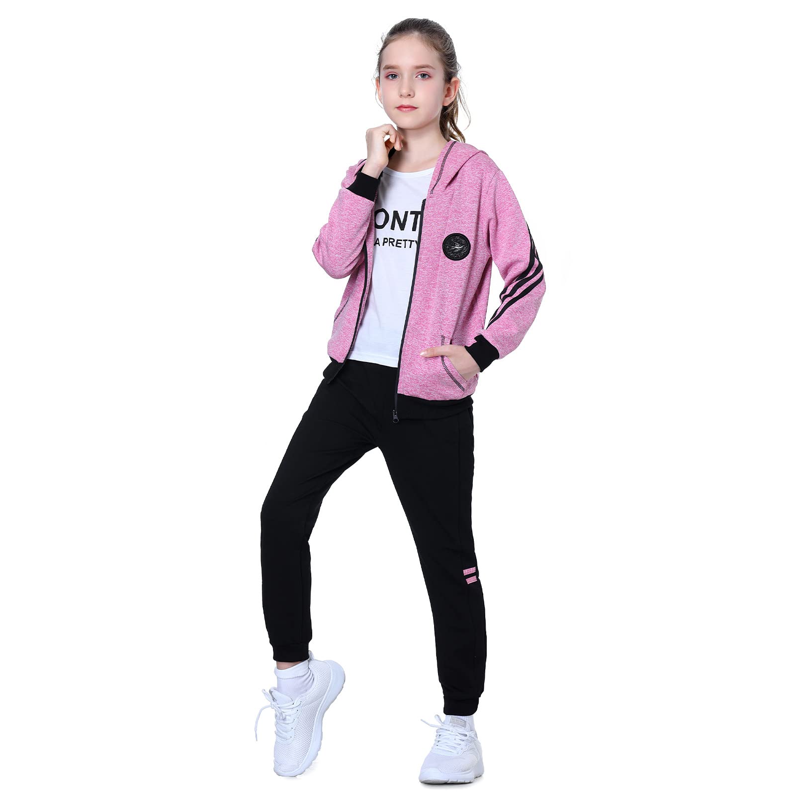 LPATTERN Dziecięcy dziewczęcy bawełniany dres do biegania na co dzień odzież sportowa 2/3 szt. zestaw strojów sportowych (kurtka z kapturem + koszulka z długim rękawem + spodnie lub kurtka z kapturem + spodnie)