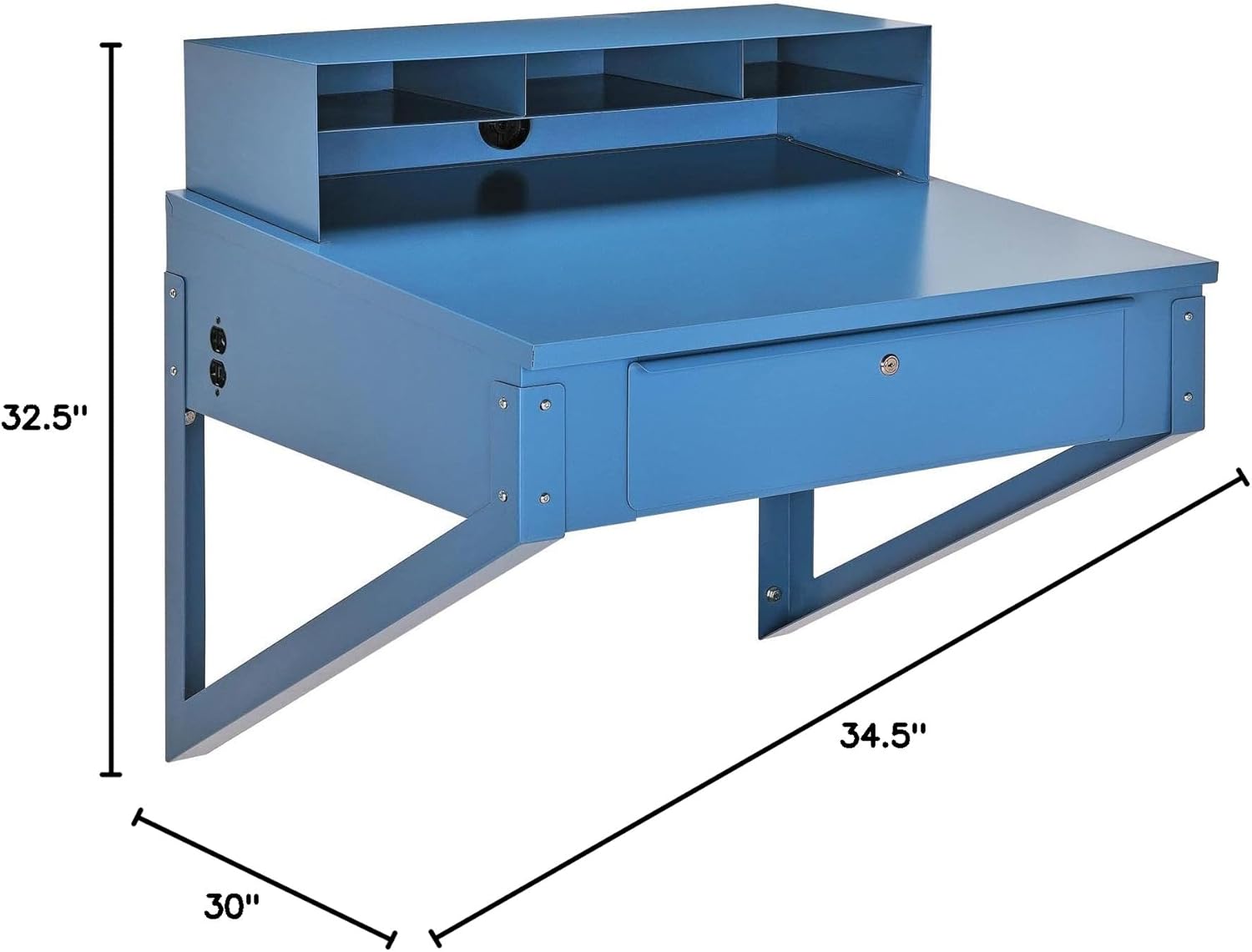 Global Industrial Wall Mount Shop Desk with Pigeonhole Riser, 34" W x 30" D, Steel Construction with Blue Powder Coat Finish, Standing Workstation, for Warehouses & Receiving