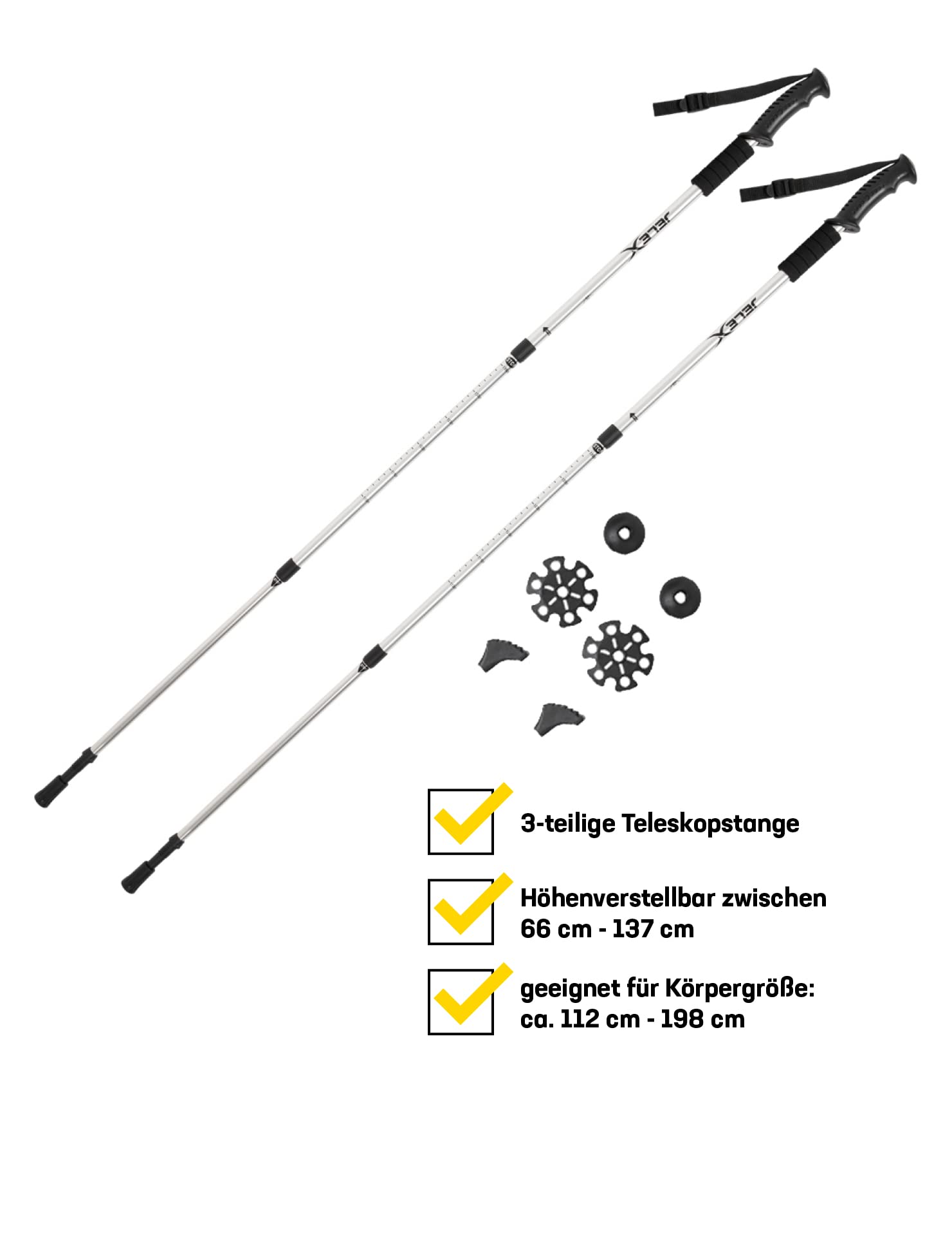 JELEX Nature kijki teleskopowe do nordic walking, regulowane, w zestawie różne nasadki do aktywności na świeżym powietrzu, ultralekkie kijki trekkingowe z technologią Antishock (srebrne)