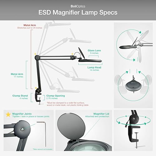 Miniatura 4 de ESD Safe (lente de cristal) lámpara de aumento LED profesional con abrazadera (5 dioptrías, aumento de 2.25X) luz de trabajo regulable, luz diurna,