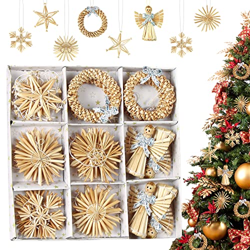 Meleager Strohsterne Weihnachtsbaumschmuck, 32-teiliges Stroh Christbaumschmuck, Weihnachtsanhänger Stroh, Natürlicher Christbaum-Behang, Strohanhänger Weihnachten, Deko Stroh Weihnachten Cover