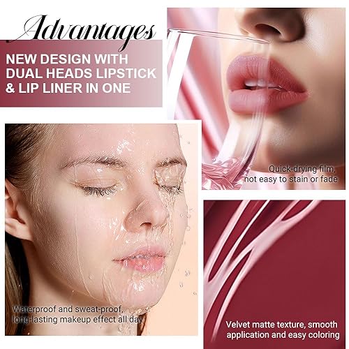 Miniatura 129 de evpct Juego de 6 delineadores de labios y lápiz labial, color rojo oscuro, malva, morado, ciruela, mate, mate, 24 horas a prueba de agua mate, 24 1