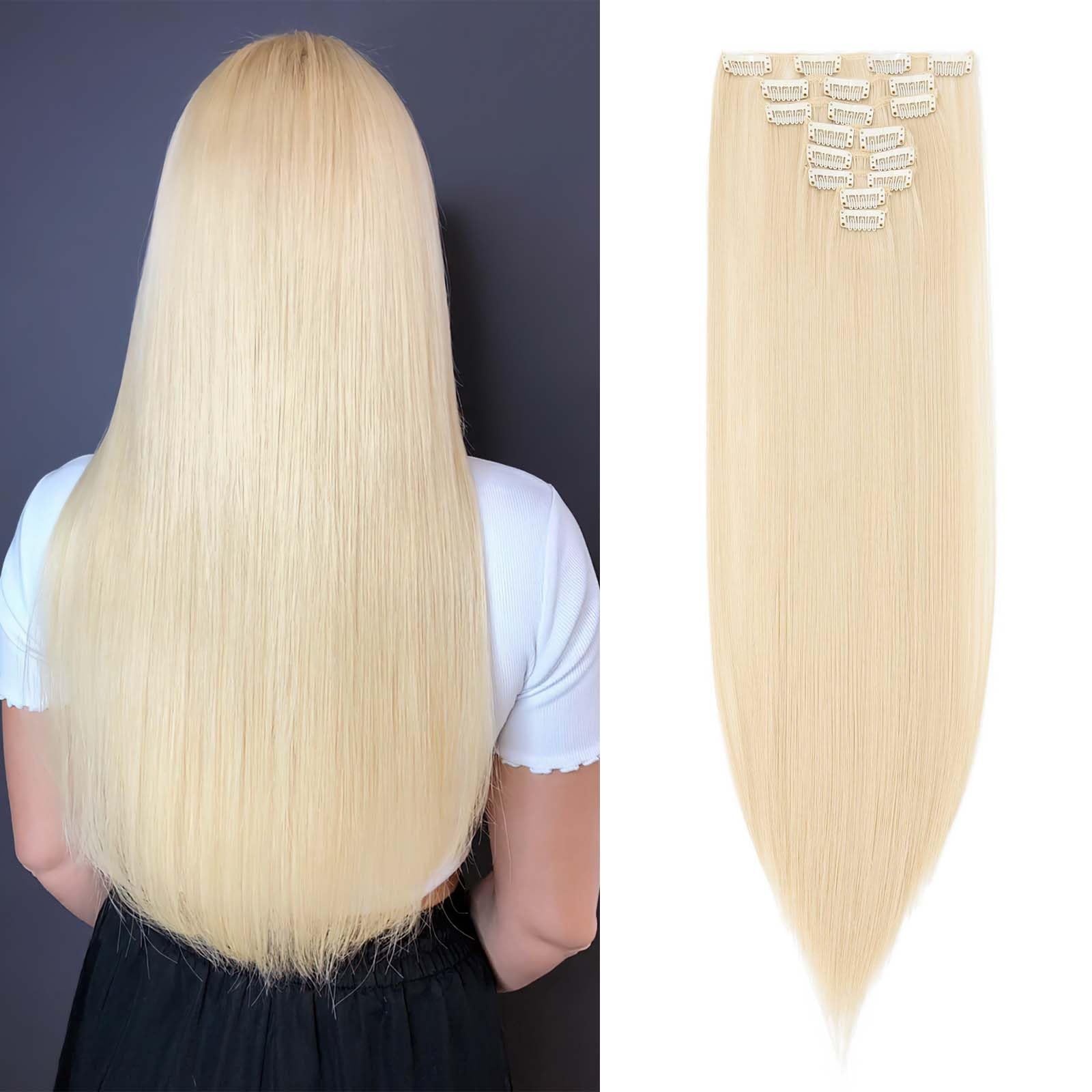 SEGOHAIR Hair Extensions Clip in 8Pcs 18 Clips Synthetic Fiber Seamless 26" Long Straight Full Head - Bleach Blonde