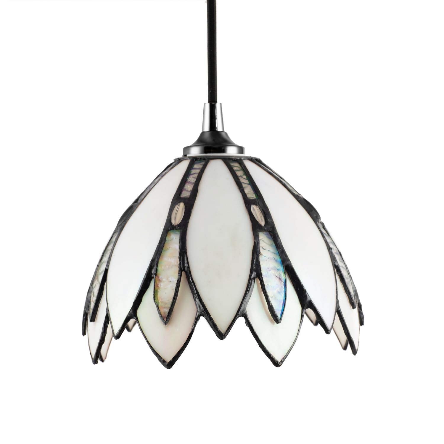 Floral Petal Themed White Stained Glass Tiffany Pendant Lamp Shade with Beads...