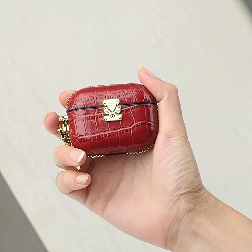 Miniatura 2 de YMSMY - Funda de piel auténtica para AirPods Pro con hebilla dorada de acero inoxidable, diseño de cocodrilo de gama alta AirPods Pro (rojo)