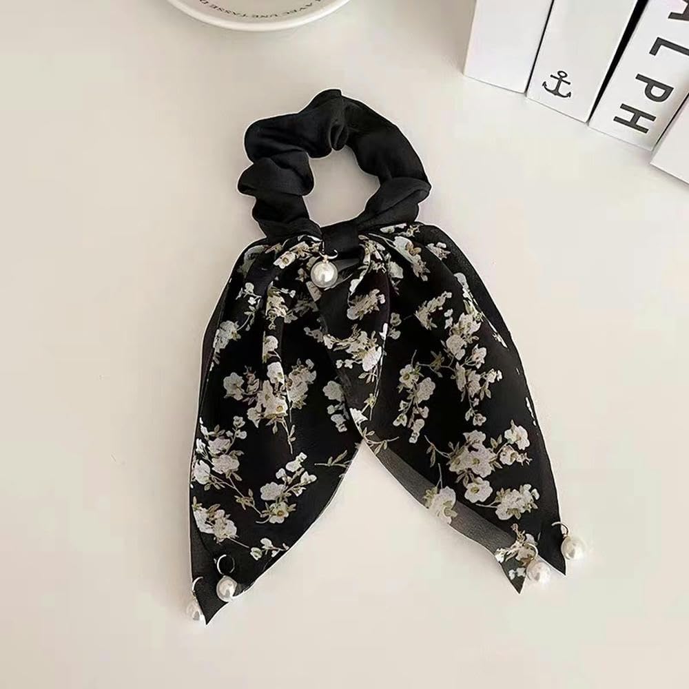 Coleteros para el pelo, lazos de satén para el pelo, lazos de seda, anillos para el pelo para trenzas, 4 diademas para mujer, lazos de perlas, accesorios para el cabello, color negro