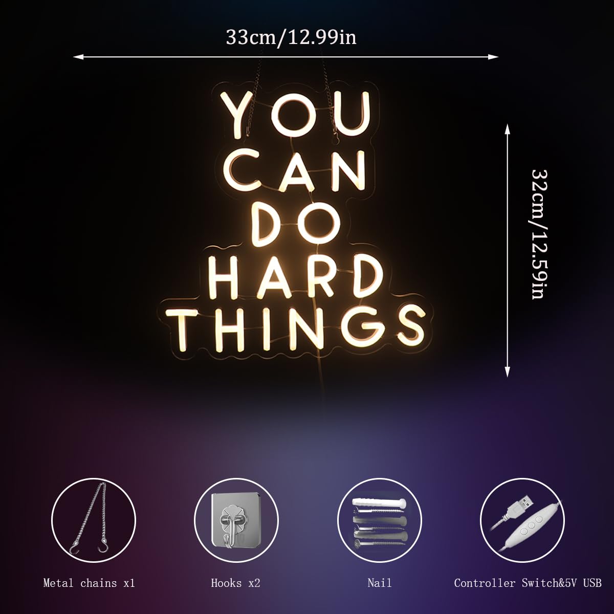 QiaoFei Letrero de neón con texto en inglés "You Can Do Hard Things", citas positivas, luz de neón decorativa para decoración de pared del hogar, habitación de los niños, blanco cálido