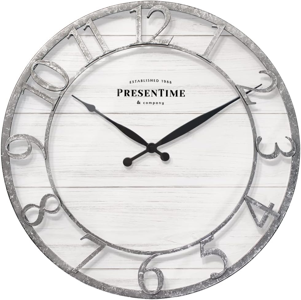 Presentime & Co 21" Farmhouse Series Wall Clock, Shiplap Style, Raised 3D Arabic Numeral, Galvanized Finish. Wall Décor for Living Room, Dining Room, and Entryway. Galvanized Finish 21 inch