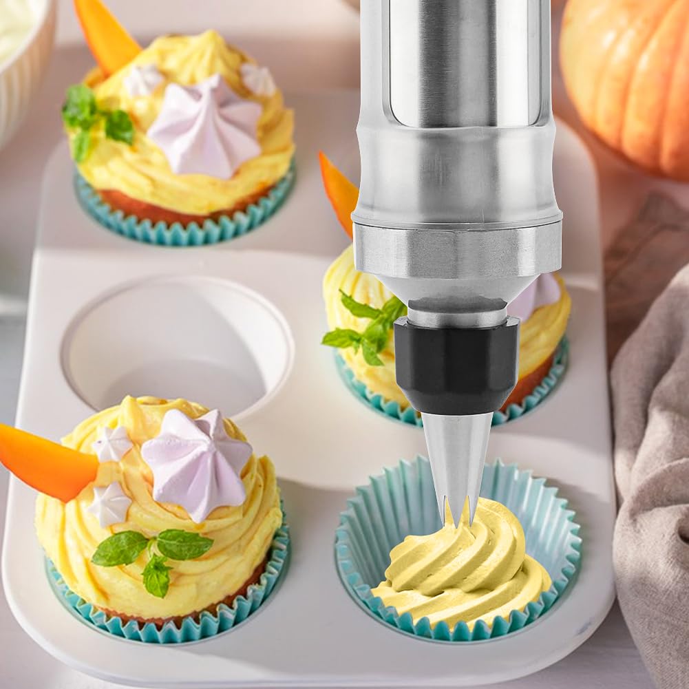 Professional Cake Decorating Set - 6 Stainless Steel Nozzles & 7 Silicone Muffin Cups, Reusable Icing Dispenser for Baking, Cookie, & Bread Decorating