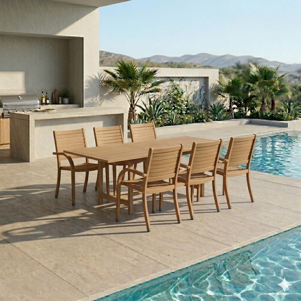 Urban Elements Mykonos 7-Piece Rectangular Patio Furniture Set | 100% Certified Teak | Backyard Furniture, Outside Table and Chairs, Rectangular Outdoor Dining Set