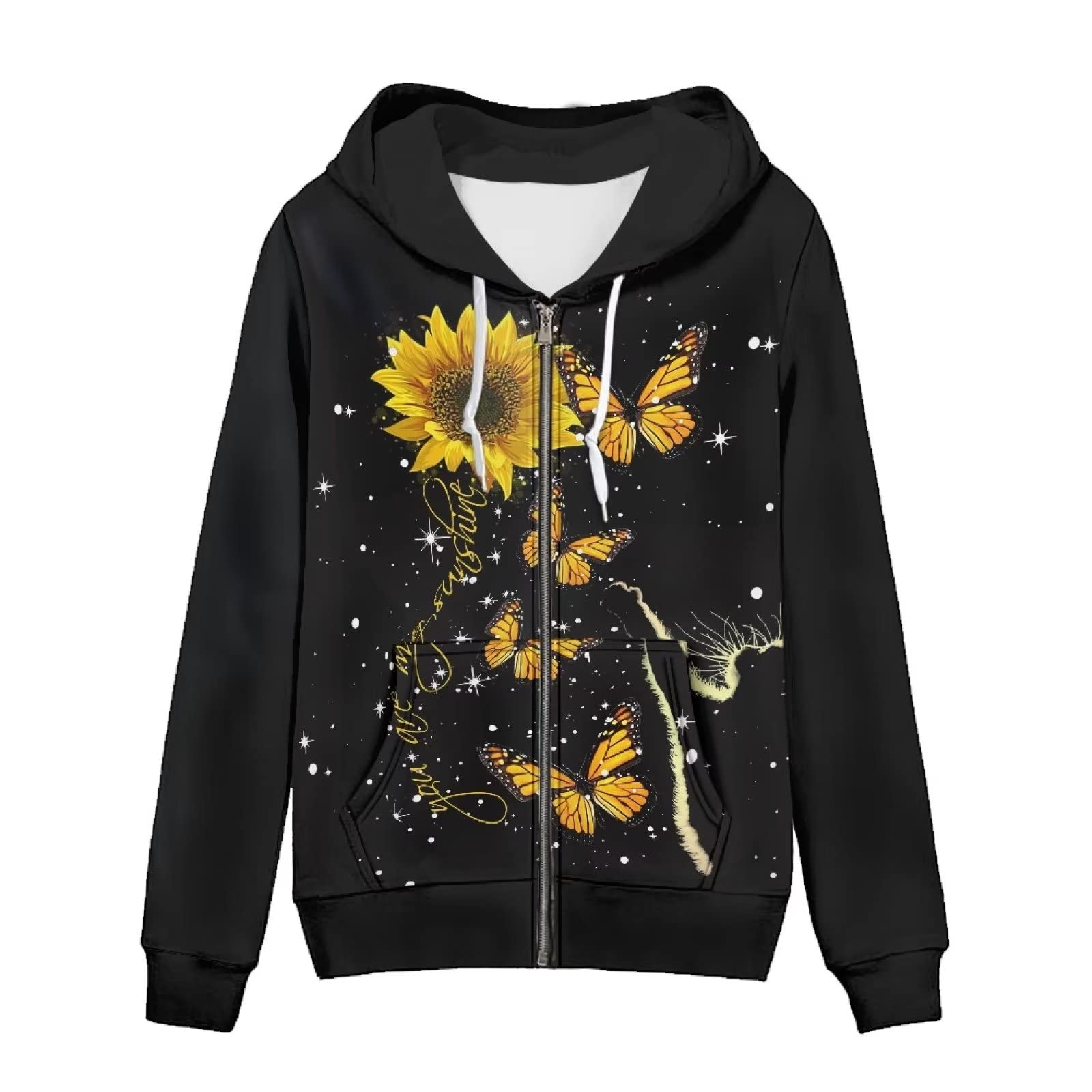 HUIACONG Damska bluza z kapturem zapinana na zamek błyskawiczny rozmiar XS-5XL nastolatki sweter, Motyl słonecznik gwieździsty kot, XL