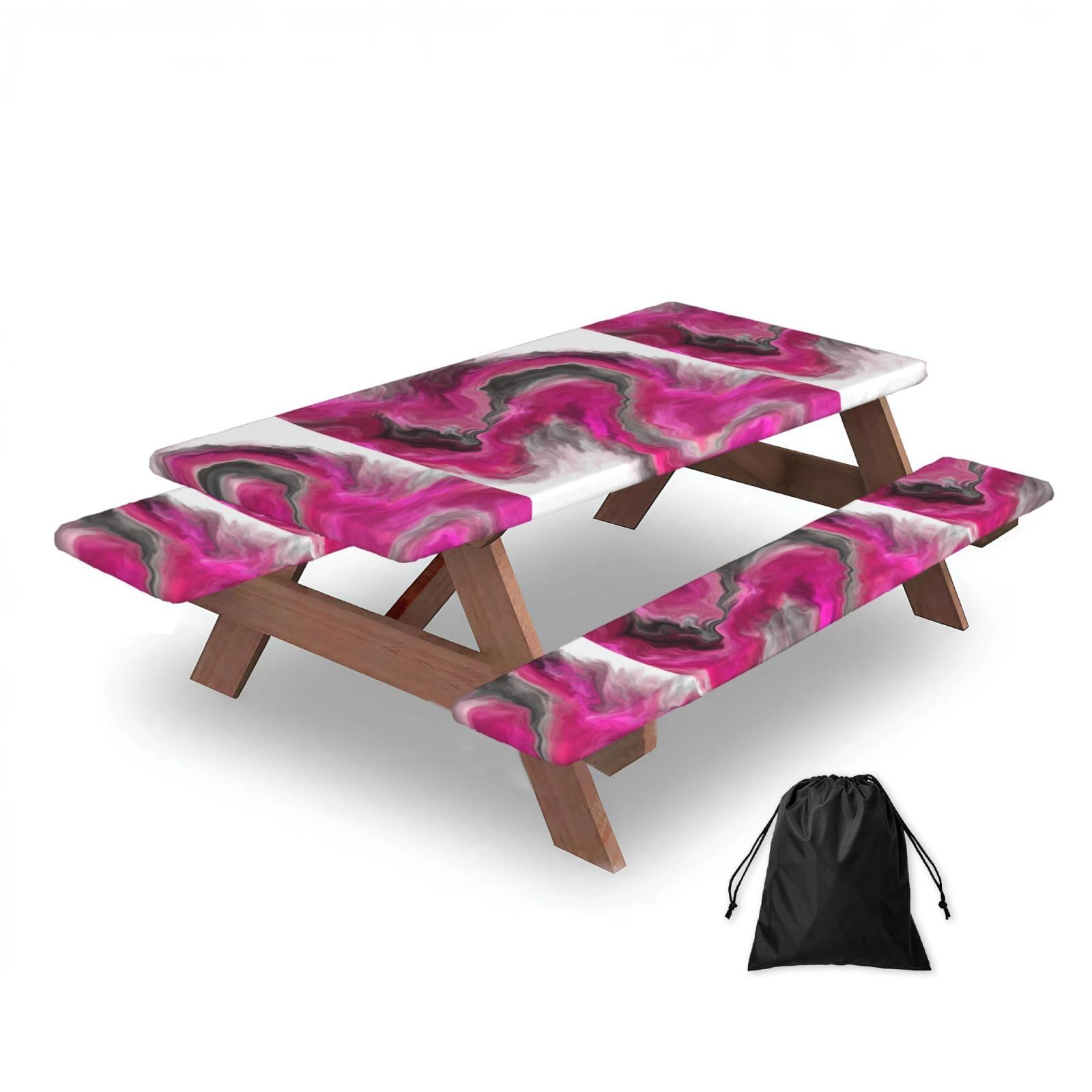 Dopklna As Picture Magenta Black Grey Jewel Tone Fluid Art Swirl, Picnic Table Cover With Bench Covers -Waterproof Elastic Fitted Tablecloth For Garden Camping Patio 76X152cm