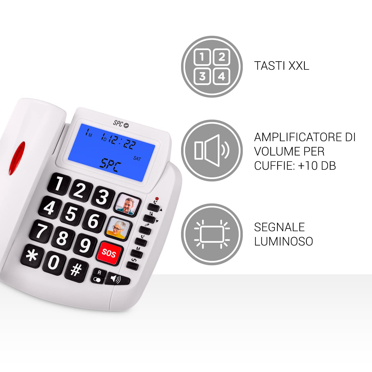 SPC Comfort Volume 2 - Telefono fisso per anziani con tasti grandi, amplificatore volume per auricolari, compatibile con apparecchi acustici, 3 memorie dirette, ID chiamante e segnale luminoso