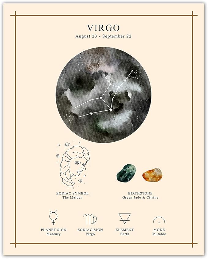 Buzz Unplugged Virgo Zodiac Astrology Poster: Unique Astronomy Boho Wall Art Poster for Home, Office, Bedroom & Living Room Decor - Unframed Posters 8x10